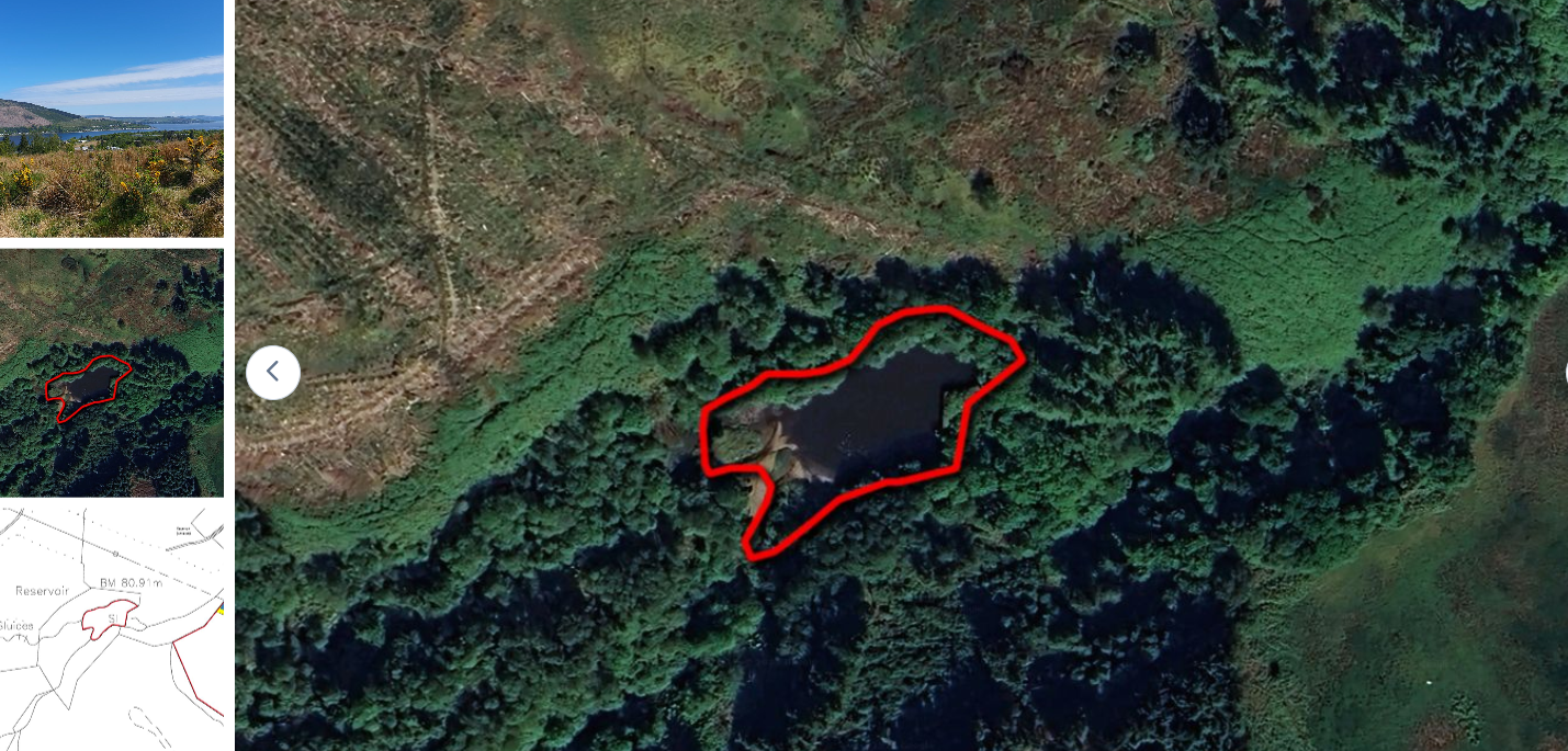 Ardnadam Reservoir from above, outlined in red