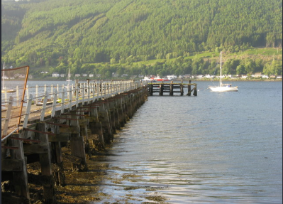 Ardnadam Pier timber structure reaching out over the loch